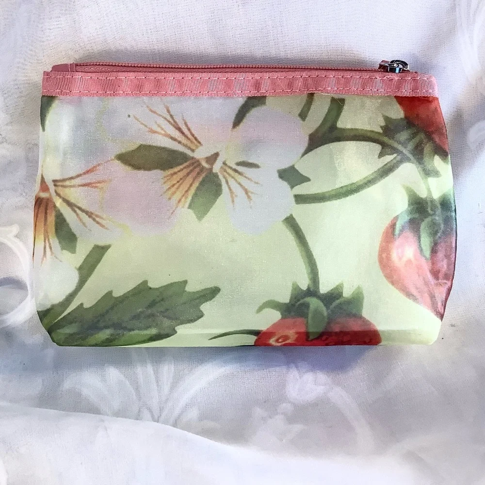Crabtree & Evelyn Travel Makeup Bag Floral Strawberry 7” Zipper Translucent